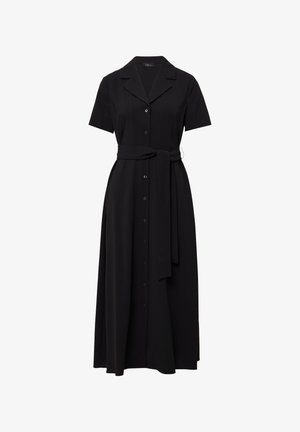 Schwarzes, kurzärmeliges Midi-Kleid mit Knopfverschluss vorne, Kragen und einem gebundenen Gürtel in der Taille. Glattes Material und schlichtes Design.