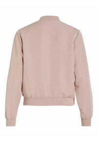 Veste bomber rose clair unie vue de dos avec poignets, col et ceinture côtelés, et manches longues.