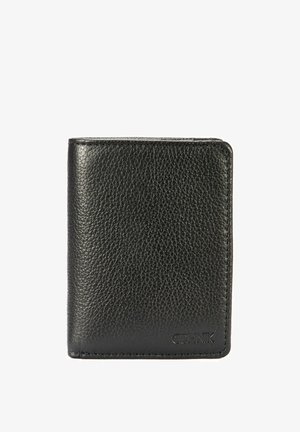 Czarny skórzany portfel o fakturowanym wykończeniu. Kompaktowy design z zaokrąglonymi narożnikami i przeszywanymi krawędziami. Na przodzie znajduje się subtelne logo marki.