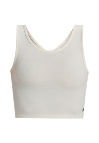 White cropped tank top with a textured fabric, featuring a round neck and a wide strap design. Includes a small logo detail on the hem.