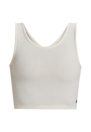 Débardeur blanc court en tissu texturé, avec un col rond et une large conception de bretelles. Comprend un petit logo sur l'ourlet.