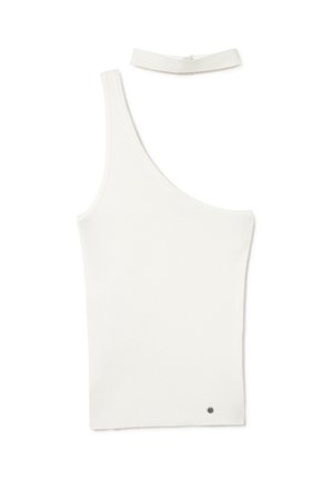 Top blanco sin mangas con un solo hombro, con cuello tipo choker incorporado y pequeño logo metálico redondo cerca del dobladillo.
