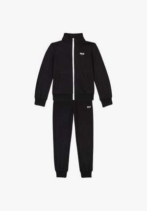 Tuta nera realizzata in tessuto morbido, con giacca con zip e colletto alto e pantaloni affusolati abbinati. Dettaglio del logo bianco su giacca e pantaloni.