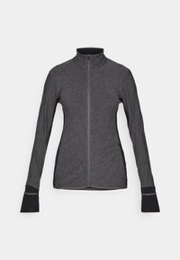 Gray zip-up athletic jacket with a high collar, long sleeves, and ribbed cuffs, featuring a textured fabric and side pockets.