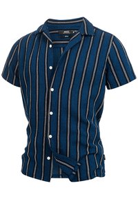 Koszula z krótkim rękawem na guziki w kolorze indygo z czarnymi i białymi pionowymi paskami, wykonana z teksturowanej tkaniny i z kołnierzykiem.