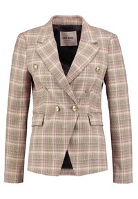 Blazer croisé à motif écossais clair avec des boutons dorés, taille cintrée et deux poches latérales. Tissu texturé et structuré.