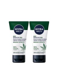Two green and white tubes of Nivea Men Sensitive Pro moisturizing cream, featuring a cannabis leaf graphic and black caps.
