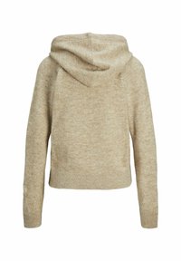 Maglione cappuccio beige con una texture morbida, design cropped e polsi e orlo a coste. Nessun motivo visibile o dettagli hardware.