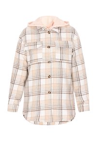 Rutig skjortjacka i beige och vitt, med en blekrosa huva, knappstängning fram, två bröstfickor och rundad nederkant. Mjukt, strukturerat tyg.