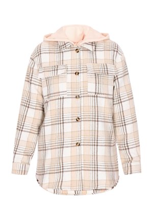 Plaid shirt jacket in beige and white, featuring a pale pink hood, button front, two chest pockets, and curved hem. Soft, textured fabric.