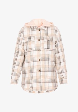 Plaid shirt jacket in beige and white, featuring a pale pink hood, button front, two chest pockets, and curved hem. Soft, textured fabric.