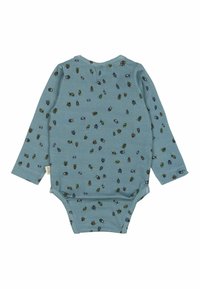 Dugih rukava bodi za bebe u svijetloplavoj boji, s ponovno ponovljenim uzorkom insekata. Napravljen od mekog pamuka s gumbima za kopčanje na dnu.