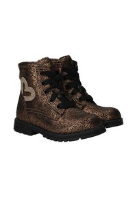 Bronzen patroon enkellaarsjes met zwarte veters, rubberen zool en een witte hartaccent aan de zijkant. Gelaagd afwerking met een metallic glans.