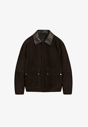 Dark brown suede jacket with black leather collar, front zipper closure, and two front snap-button flap pockets.