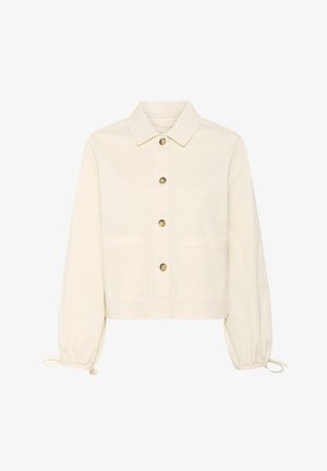 Kremno obarvana skrajšana jakna z gumbi spredaj, dvema velikima žepoma in elastičnimi balonastimi rokavi. Narejena iz mehke tkanine.