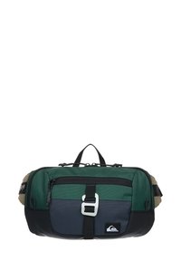 Grüne, schwarze und graue Mehrzwecktasche mit einem oberen Griff, verstellbarem Riemen und Schnallenverschluss; strapazierfähiger Stoff mit strukturierter Oberfläche.