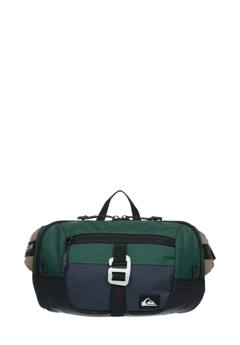 Grüne, schwarze und graue Mehrzwecktasche mit einem oberen Griff, verstellbarem Riemen und Schnallenverschluss; strapazierfähiger Stoff mit strukturierter Oberfläche.