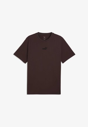 Camiseta marrón de manga corta hecha de algodón, con cuello redondo y un pequeño logo negro de Puma en el pecho. Textura suave.