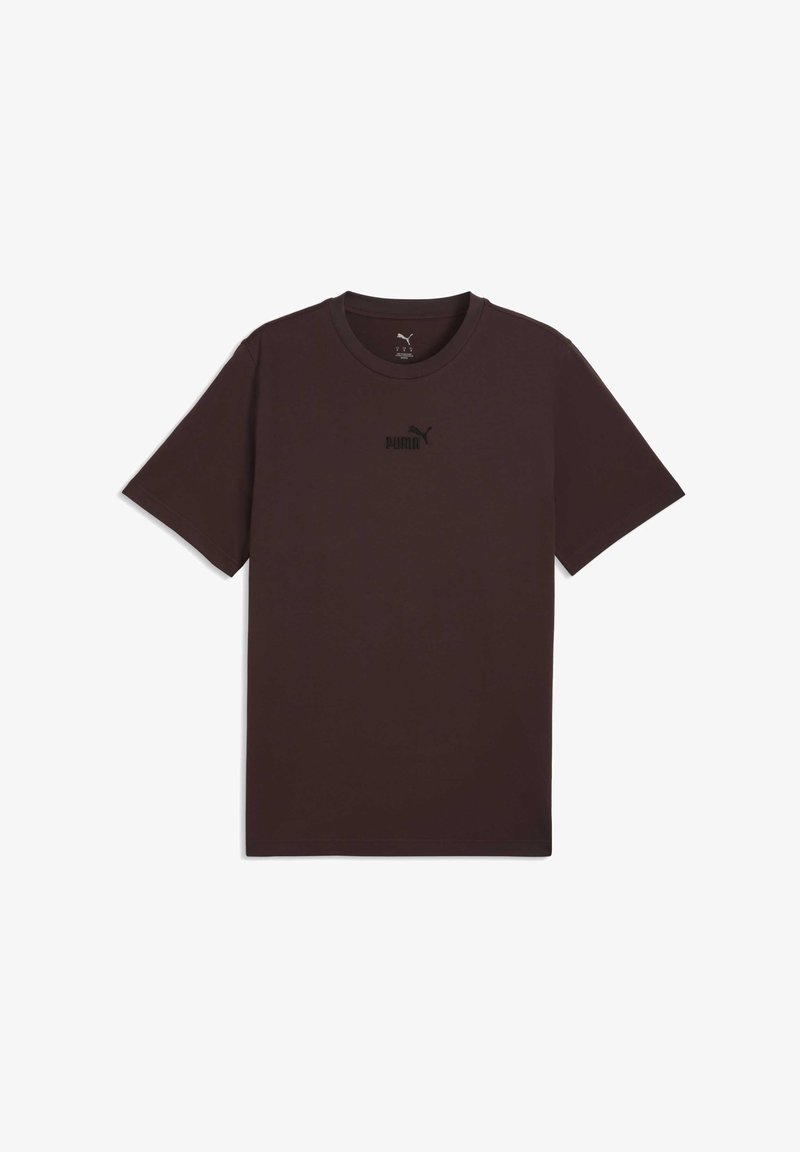 Brun kortærmet T-shirt lavet af bomuld med rund halsudskæring og et lille sort Puma-logo på brystet. Glat tekstur.