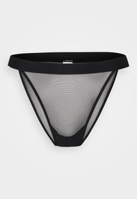 Black mesh thong with a wide elastic waistband, featuring a sheer design and seamless edges for a smooth finish.