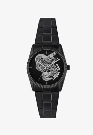 Svart metallklocka med fyrkantig urtavla som har en vit orm och leopardgrafik på en svart urtavla. Inkluderar silvriga timmarkeringar och ett robust kedjearmband.