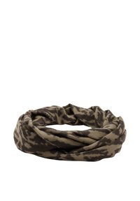 Brązowy i oliwkowozielony szalik z polaru, w formie pętli z abstrakcyjnym wzorem, o miękkiej fakturze, odpowiedni do wszechstronnych stylizacji i chłodnej pogody.