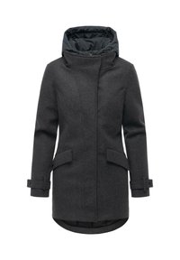 Szary płaszcz z wełny z wysokim kołnierzem, odpinanym czarnym ocieplanym kapturem, dwoma przednimi kieszeniami i regulowanymi mankietami. Gładka tekstura, nowoczesny design.