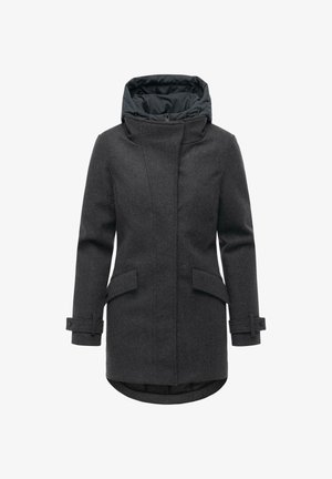 Grijze wolmixjas met hoge kraag, afneembare zwarte gewatteerde capuchon, twee voorzakken en verstelbare manchetten. Soepele textuur, modern ontwerp.