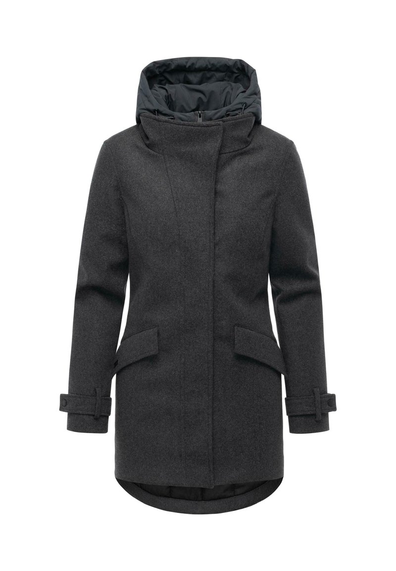 Szary płaszcz z wełny z wysokim kołnierzem, odpinanym czarnym ocieplanym kapturem, dwoma przednimi kieszeniami i regulowanymi mankietami. Gładka tekstura, nowoczesny design.