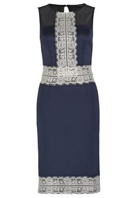 Marineblauwe jurk met een getailleerde silhouet, voorzien van een doorschijnende zwarte top, een centraal kanten paneel en kanten accenten langs de taille en zoom.