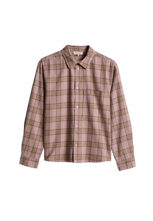 Long-sleeve button-up shirt with pink and brown plaid pattern and a single chest pocket.