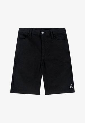 Schwarze Freizeithosen mit Gürtelschlaufen, vorderen Taschen, Knopfverschluss und einem kleinen weißen Jumpman-Logo nahe dem unteren rechten Saum.