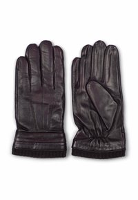 Mørkebrun lærhansker med en tettsittende design, med ribbet mansjett og tre pyntelinjer på baksiden. Glatt tekstur og tett passform.