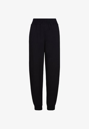 Zwarte joggerbroek met elastische tailleband en ribgebreide boorden, gemaakt van een lichtgewicht en gladde stof met een relaxte pasvorm. Geen zakken of zichtbare details.