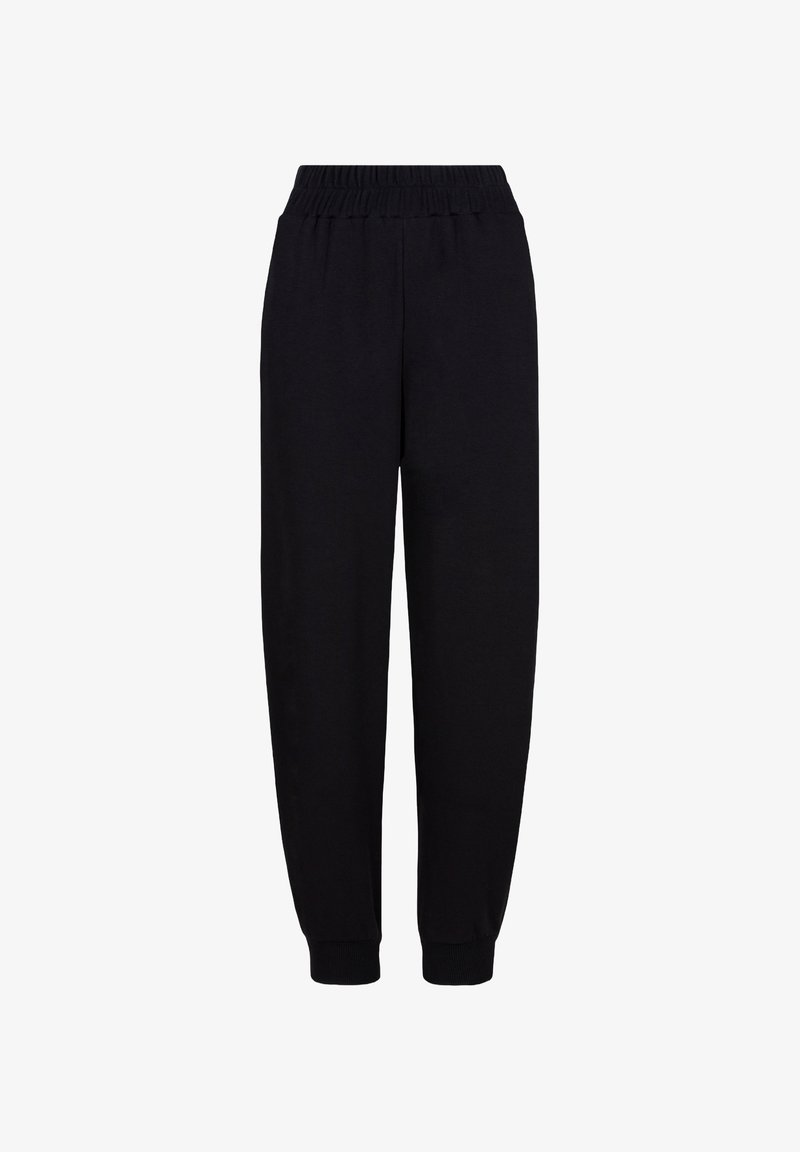 Czarne dresowe spodnie z elastycznym pasem i ściągaczami, wykonane z lekkiego, gładkiego materiału, o luźnym kroju. Bez kieszeni ani widocznych detali.