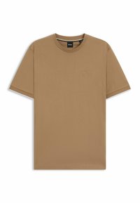 Cotton t-shirt in camel color, featuring a round neck, short sleeves, and a small, embossed logo on the left chest. Smooth texture.