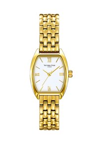 Goldfarbener Uhr mit rechteckigem Gehäuse, weißem Zifferblatt und römischen Ziffern. Verfügt über ein Gliederarmband aus Metall und eine strukturierte Oberfläche.
