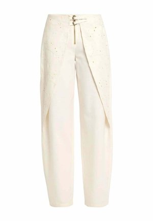 THE-ARE, PANTALÓN RECTO DE MUJER CON SOBREFALDA BORDADA Y HEBILLAS - Pantalones - beige