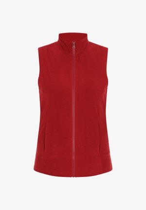 Vesta roșie din polar cu guler înalt și fermoar frontal. Are buzunare laterale și o textură netedă, fiind concepută pentru a fi purtată în straturi în vreme mai rece.