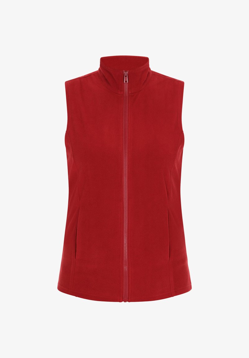 Röd fleeceväst med hög krage och framdragkedja. Har sidofickor och en mjuk textur, designad för att lager på lager i kallare väder.
