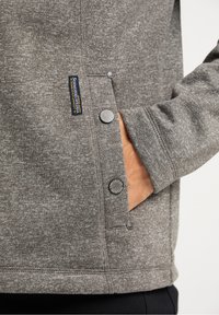 Pull en polaire grise avec un tissu texturé. Comprend une poche avec deux boutons-pression et une étiquette de marque sur le côté. Design durable et polyvalent.