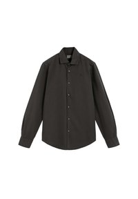 Camisa negra de manga larga hecha de un tejido suave, con cuello de botones, botones en la parte delantera y un dobladillo ligeramente curvado.