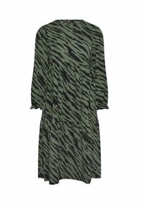 Grön klänning med ett mönster av svarta tigerränder, med långa ärmar, rund halsringning och en tierad, avslappnad silhuett.