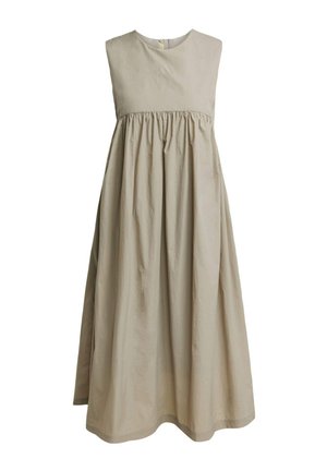 Beige sleeveless dress with a round neckline, gathered bodice, flowing skirt, made from lightweight fabric, featuring a smooth texture.