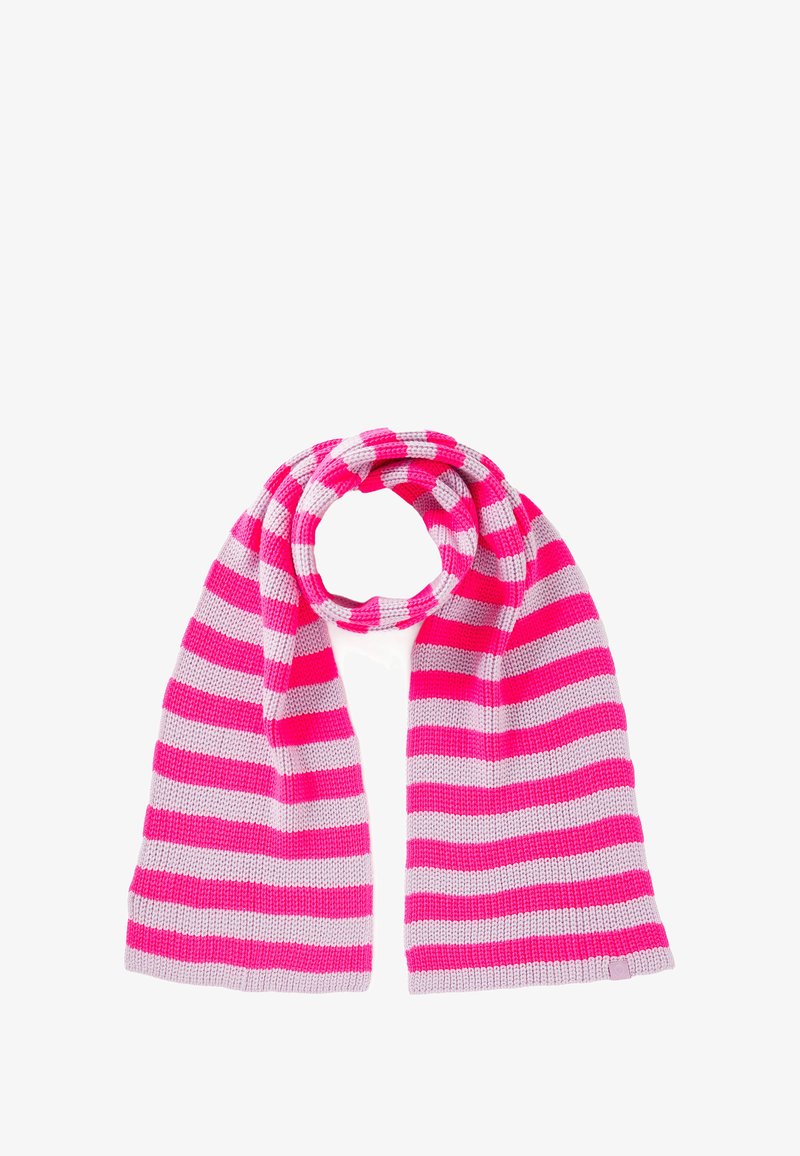 Strickschal in Pink und hellgrauen Streifen, mit einer weichen Textur und einer langen rechteckigen Form, geeignet zum Wickeln oder Drapieren.