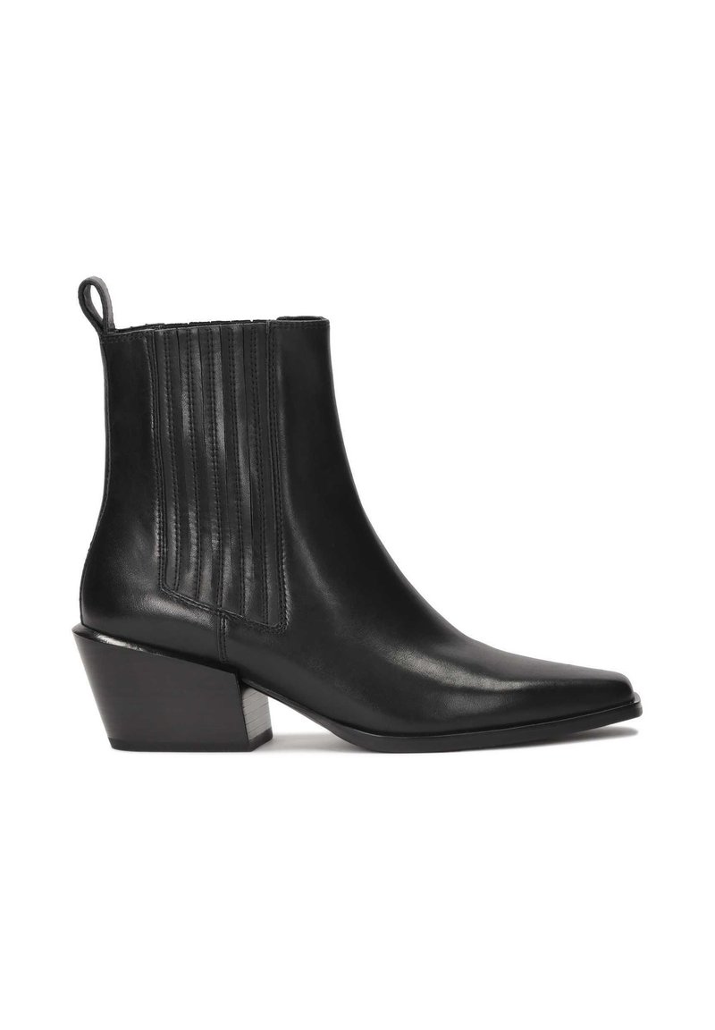 Black leather ankle boot with a pointed toe, ribbed side panels, and a block heel. Smooth texture with a sleek design.