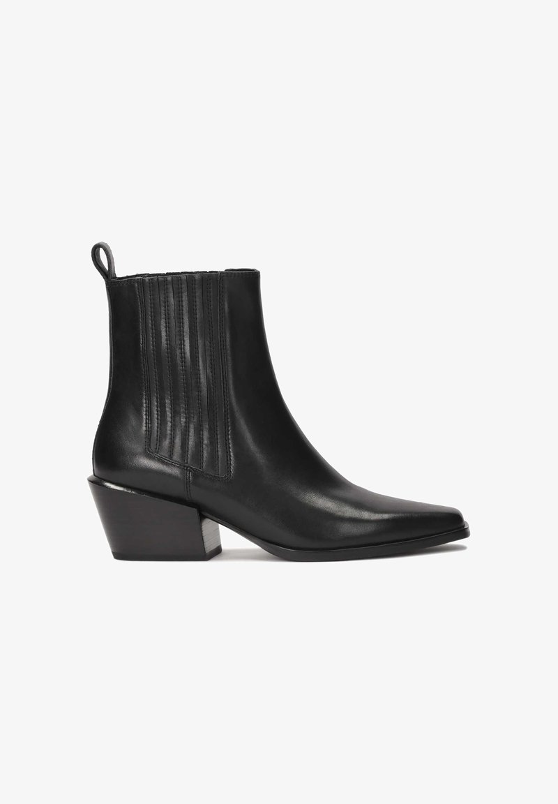 Black leather ankle boot with a pointed toe, ribbed side panels, and a block heel. Smooth texture with a sleek design.