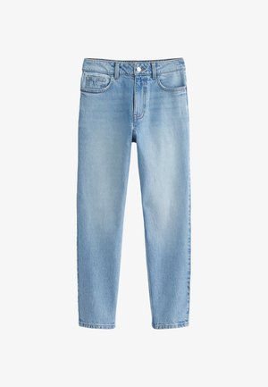 Jeans in denim di cotone azzurro chiaro con design a gamba dritta, dotati di cinque tasche e chiusura con bottone in vita.