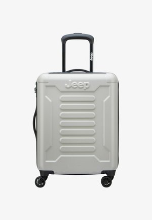 Valigia rigida argento Jeep con manico telescopico, manico laterale e quattro ruote piroettanti nere su uno sfondo bianco.