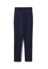 Pantaloni sartoriali blu navy con vestibilità slim, realizzati in un tessuto liscio, dotati di passanti per cintura e tasche anteriori. Nessun motivo visibile o dettagli in metallo.